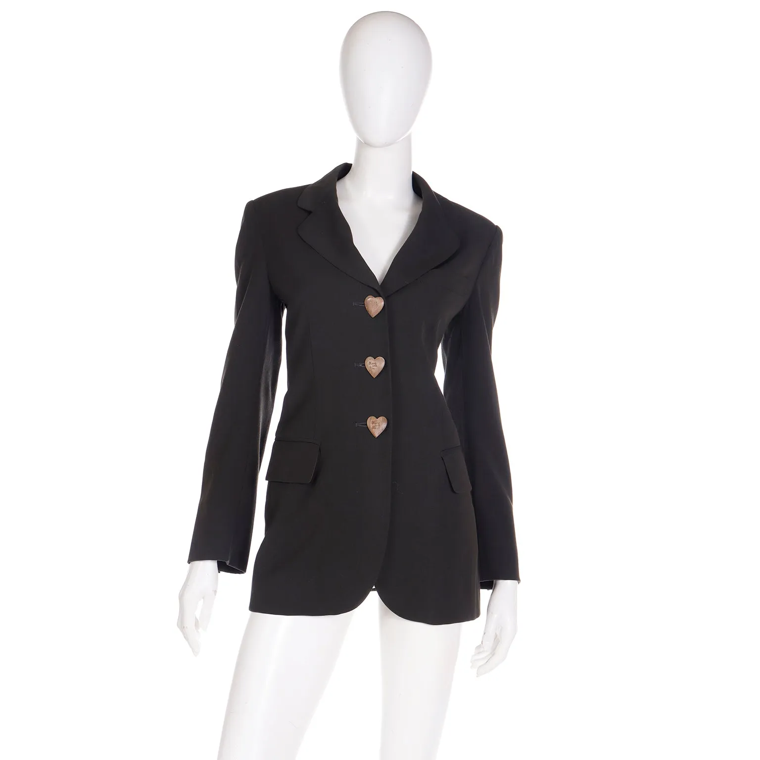 1990s Moschino Bergdorf Goodman Brown Blazer Jacket w Wood Heart Buttons