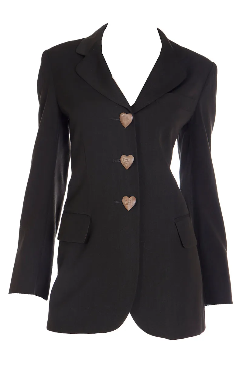 1990s Moschino Bergdorf Goodman Brown Blazer Jacket w Wood Heart Buttons