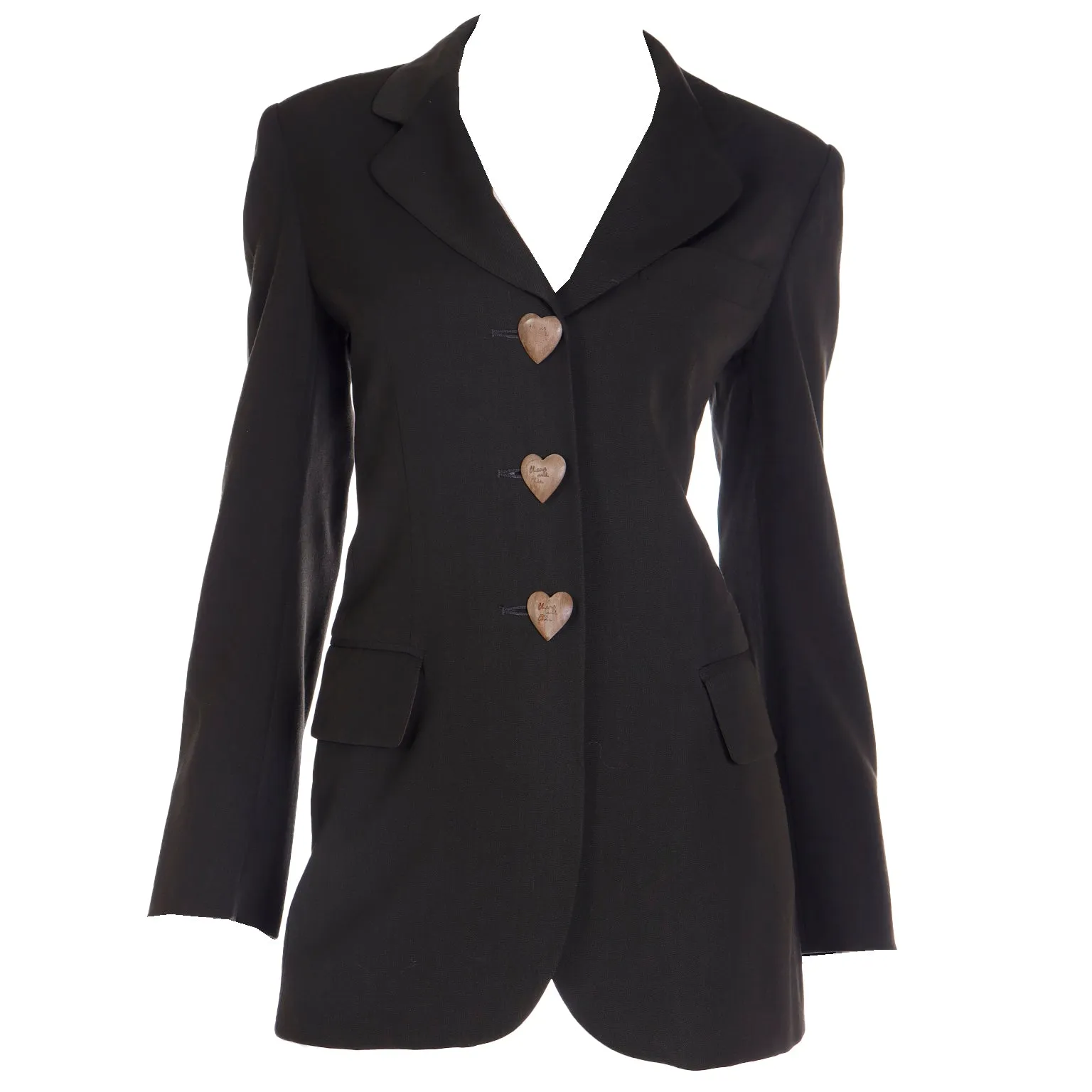 1990s Moschino Bergdorf Goodman Brown Blazer Jacket w Wood Heart Buttons