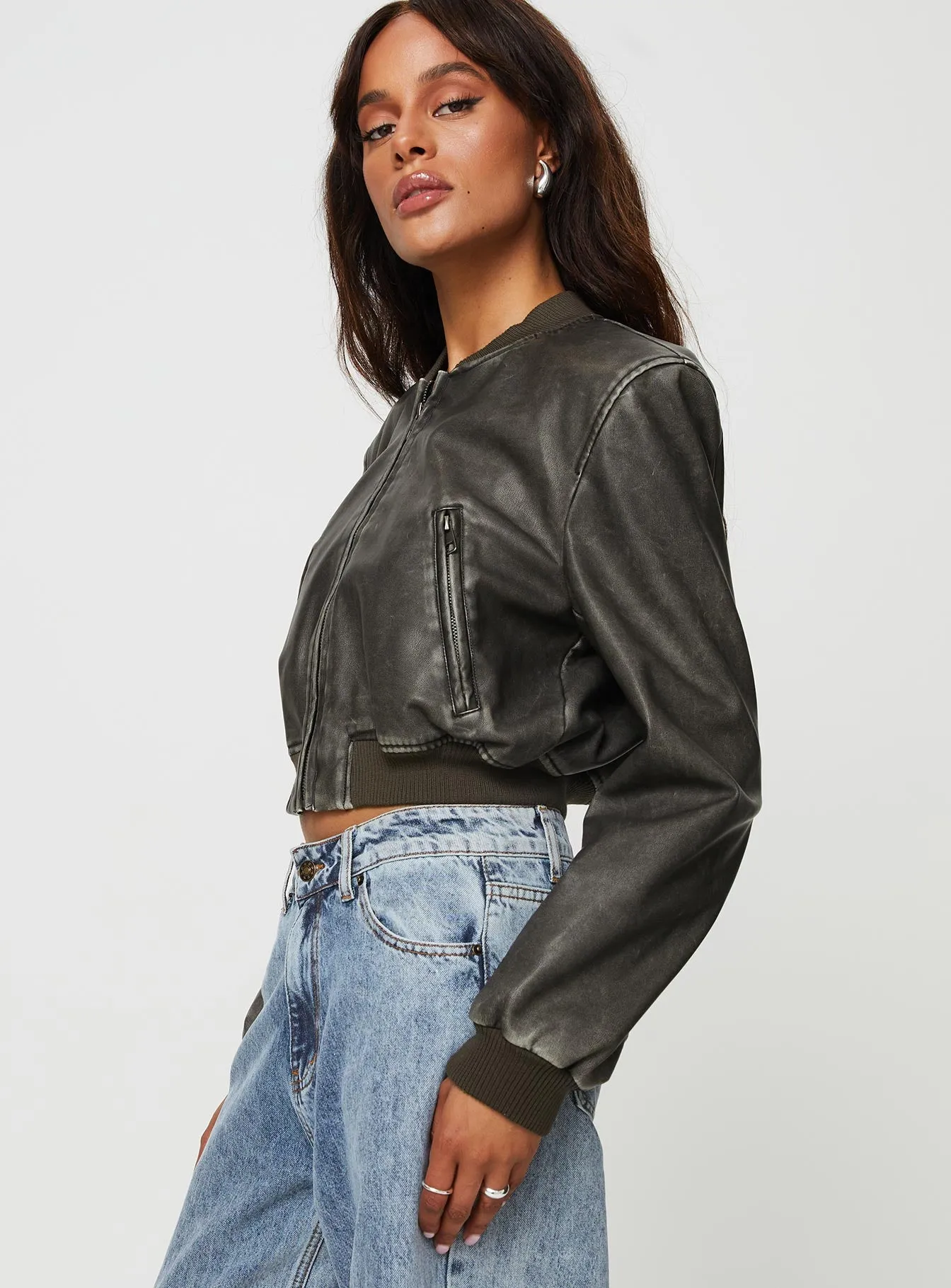 Allure Faux Leather Bomber Jacket Charcoal