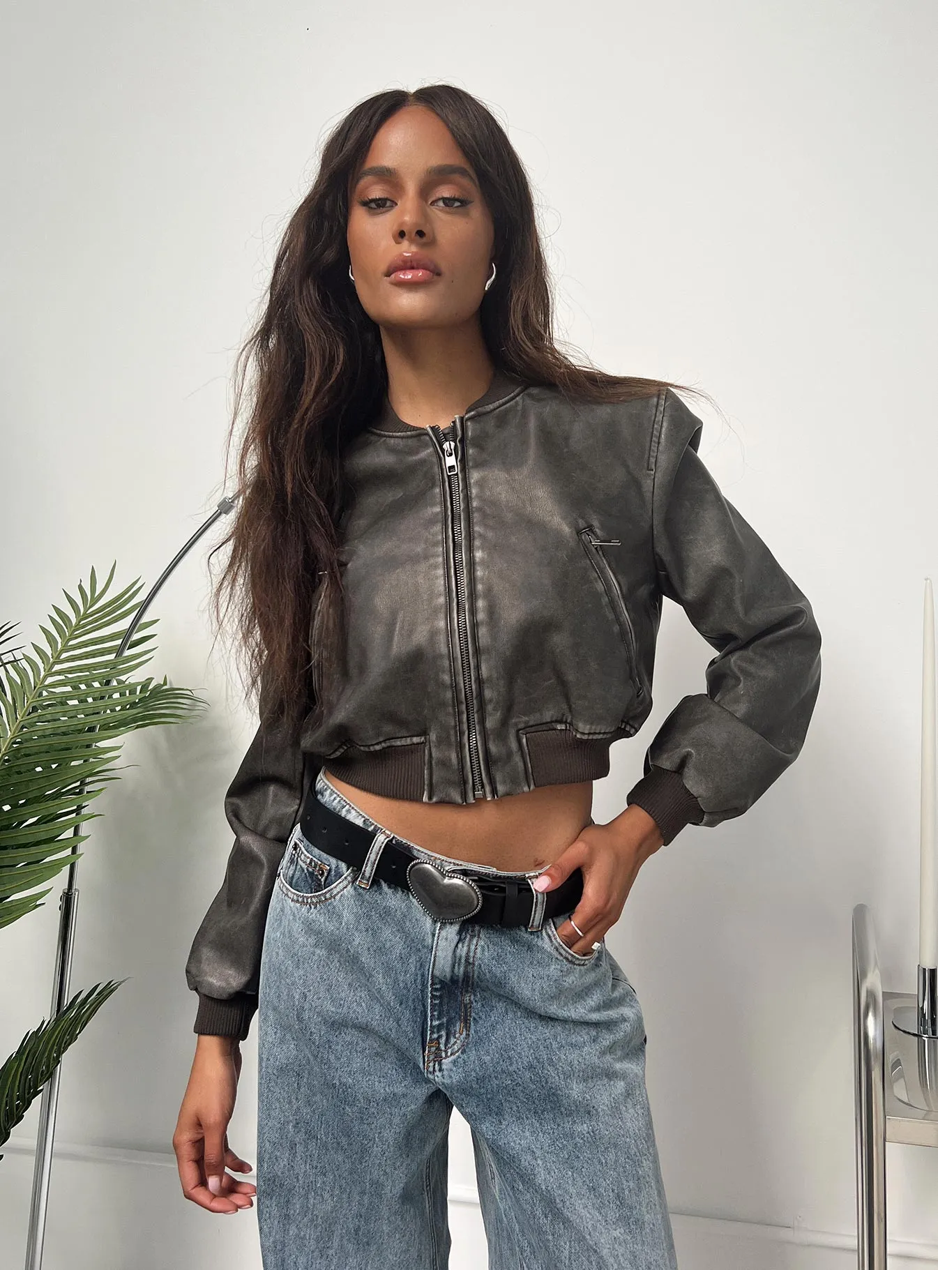 Allure Faux Leather Bomber Jacket Charcoal