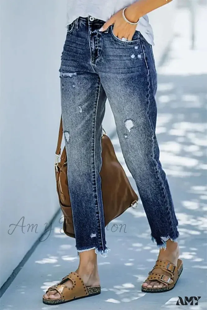 Amy Fashion - Trendy Casual Blue High Waist Streetwear Ripped Fashion Denim Jean