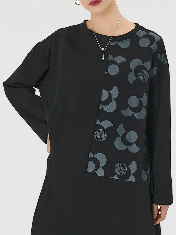 Asymmetric Flower Print Long Sleeves Loose Round-neck T-Shirts Tops