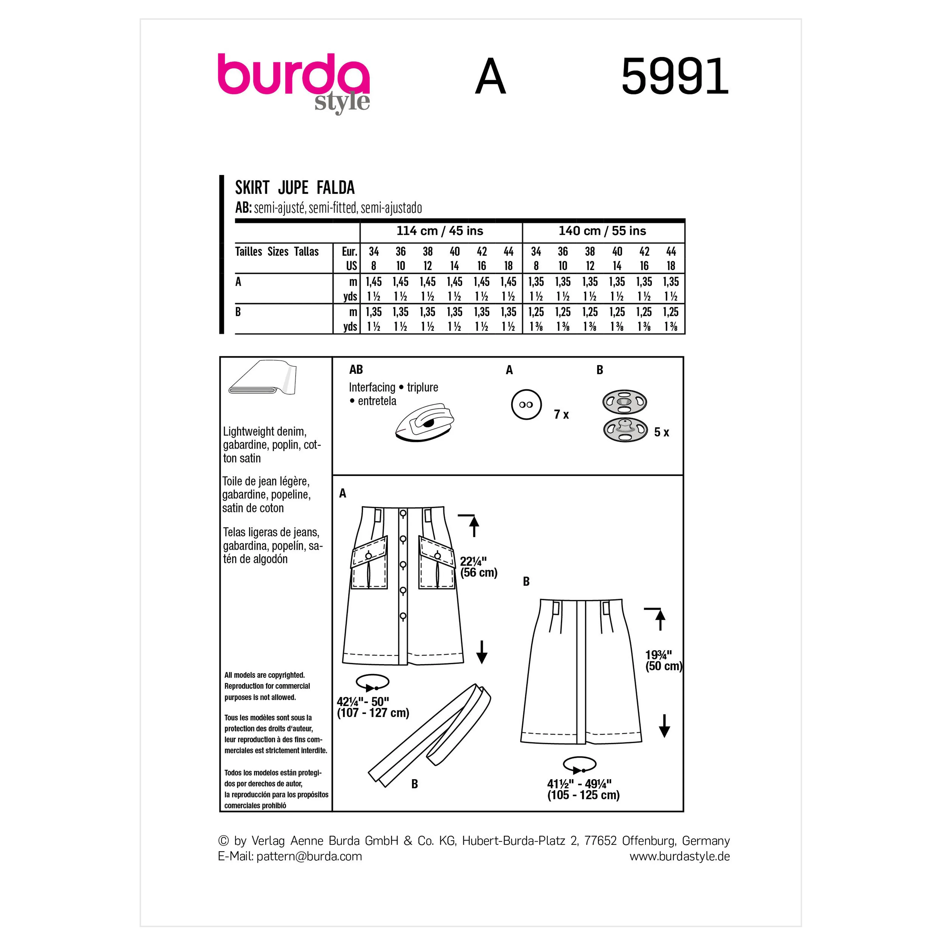 Burda Pattern 5991 Misses' Skirt/Pants