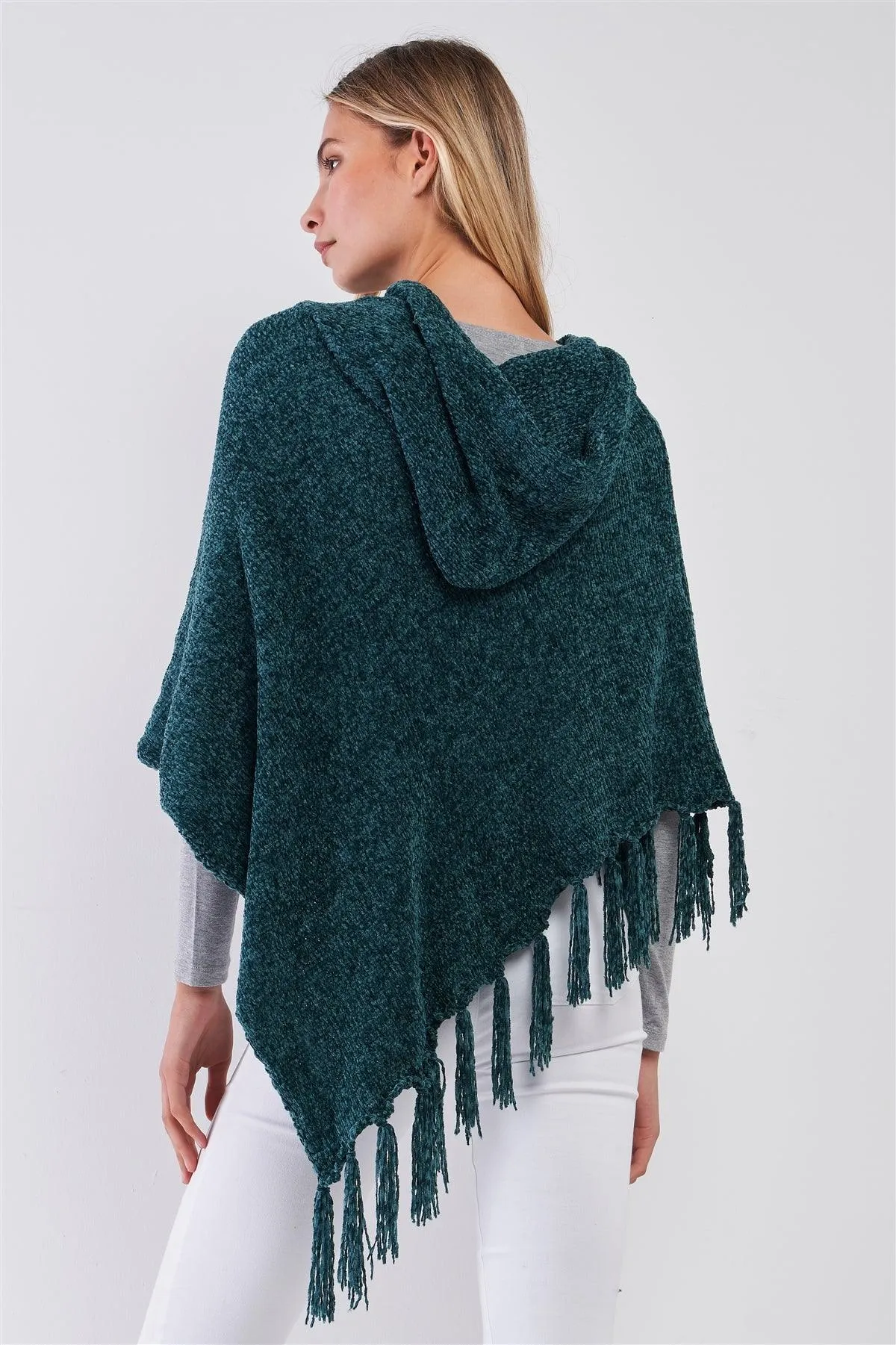 Chenille Knit Tassel Fringe Side Trim Hooded Poncho