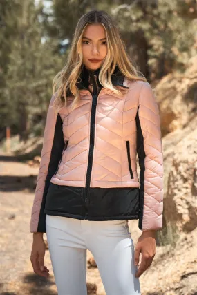 Chevron Quilted High Neck Double Zip Puffer Jacket