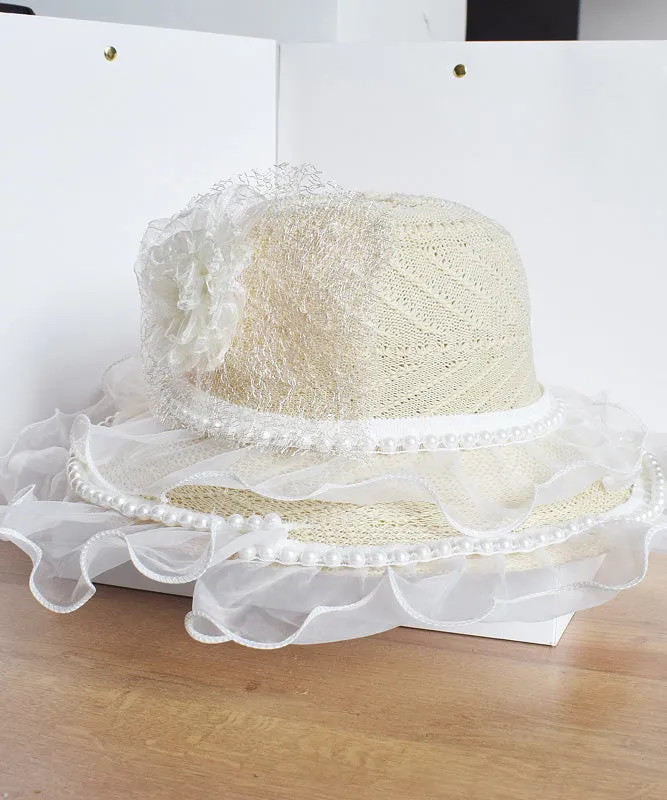 Chic Beige Lace Patchwork Pearl Floral Tulle Floppy Sun Hat LY510