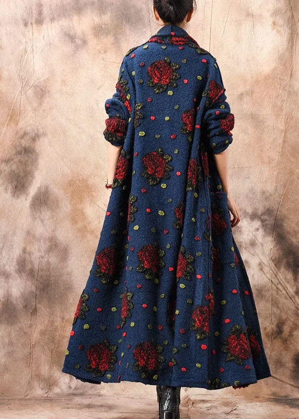 Chic Blue Button Jacquard Floral Winter woolen coats