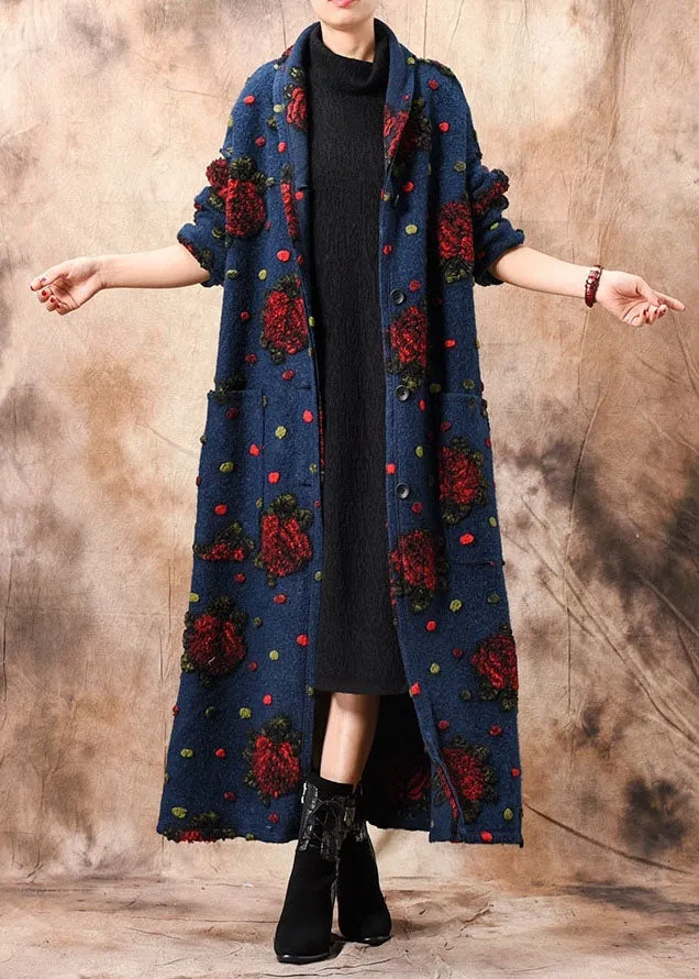 Chic Blue Button Jacquard Floral Winter woolen coats