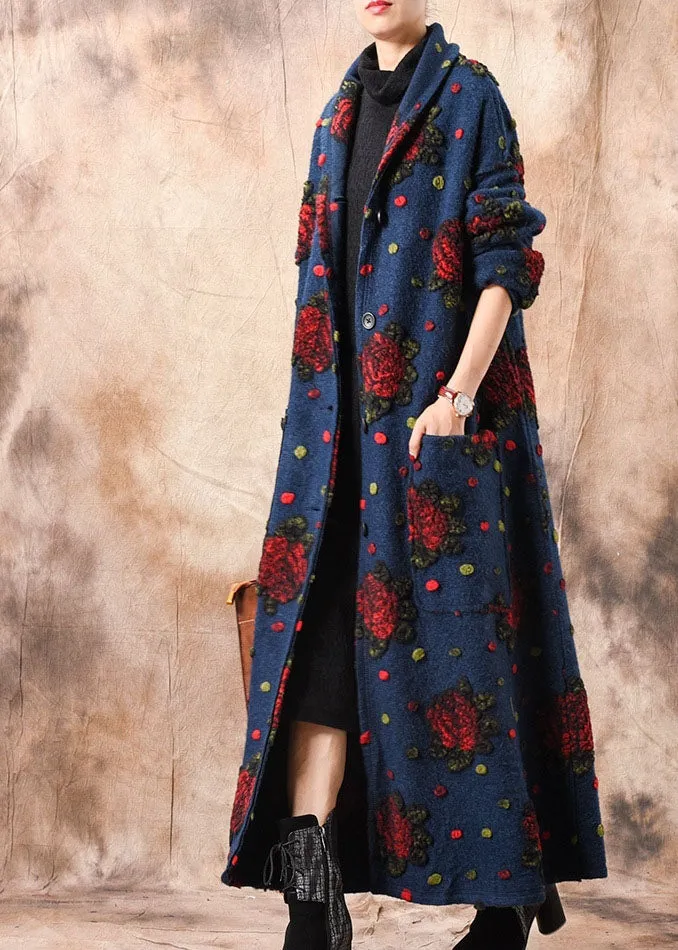 Chic Blue Button Jacquard Floral Winter woolen coats