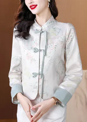 Chic Blue Stand Collar Print Button Silk Coats Fall QO003