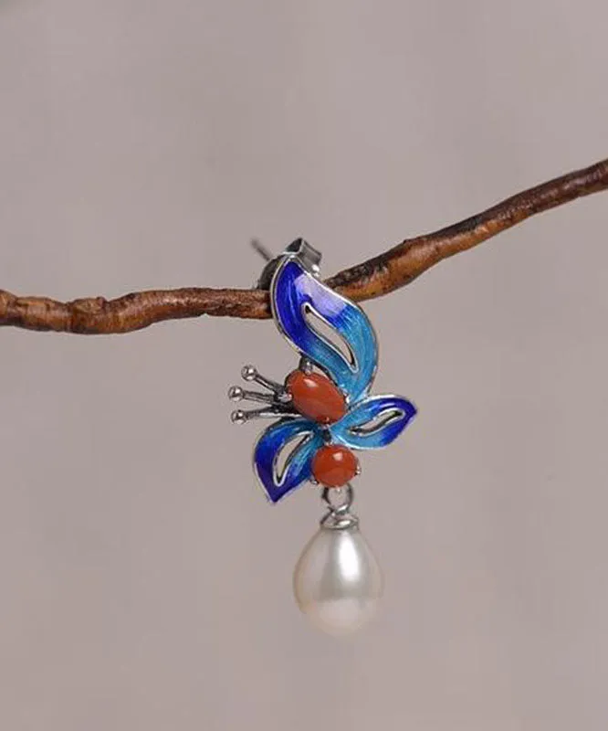 Chic Blue Sterling Silver Cloisonne Jade Pearl Butterfly Stud Earrings TW1052