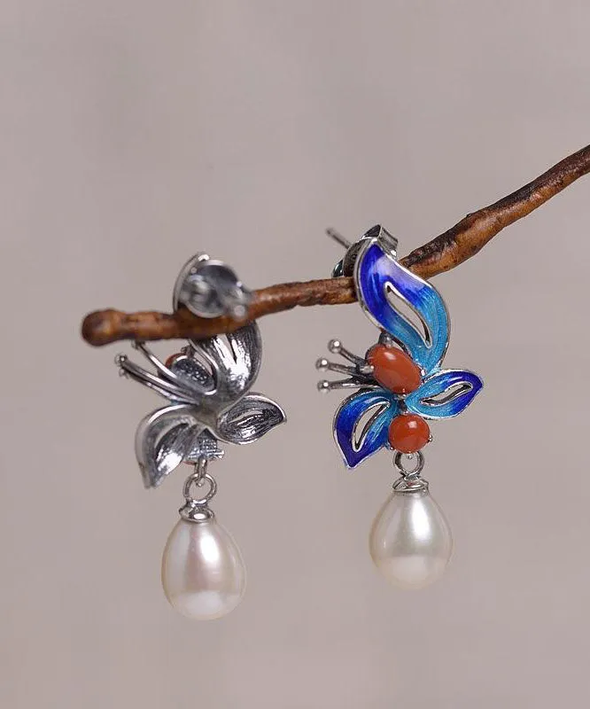 Chic Blue Sterling Silver Cloisonne Jade Pearl Butterfly Stud Earrings TW1052