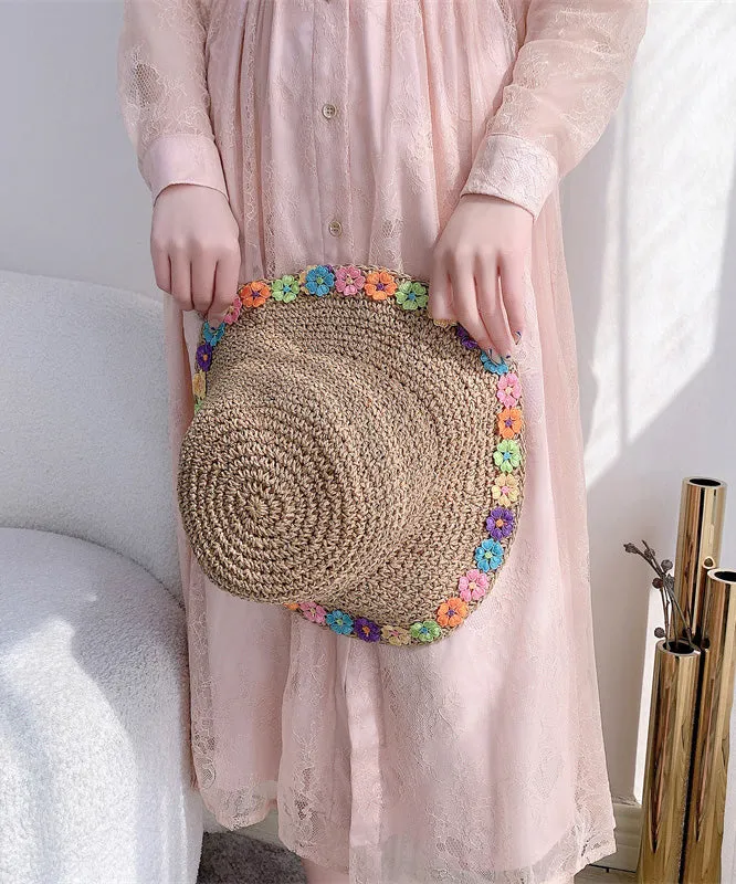 Chic Khaki Floral Straw Woven Floppy Sun Hat LY525