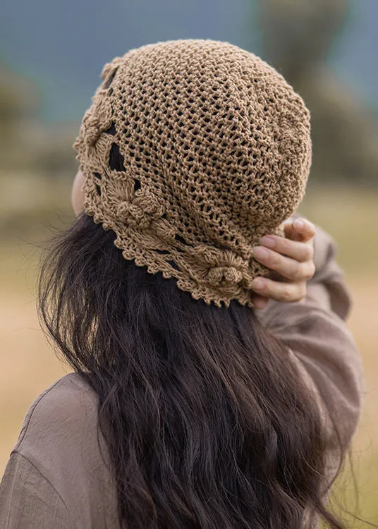 Chic Khaki Hollow Out Floral Knit Bonnie Hat