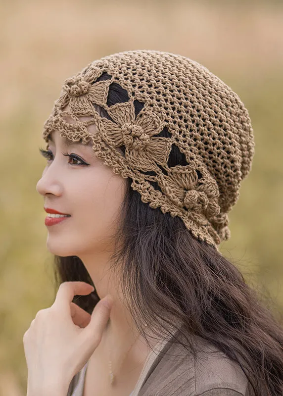 Chic Khaki Hollow Out Floral Knit Bonnie Hat