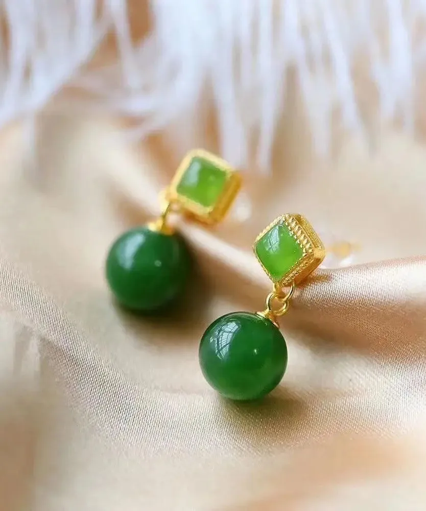 Chic Spinach Green Sterling Silver Overgild Jade Drop Earrings LY8605