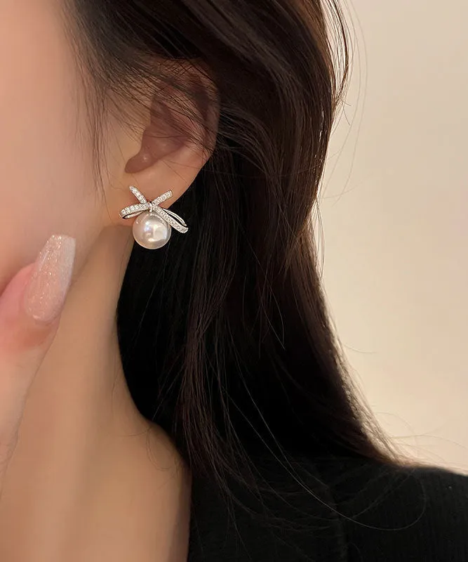 Chic White Sterling Silver Pearl Bow Stud Earrings QQ014