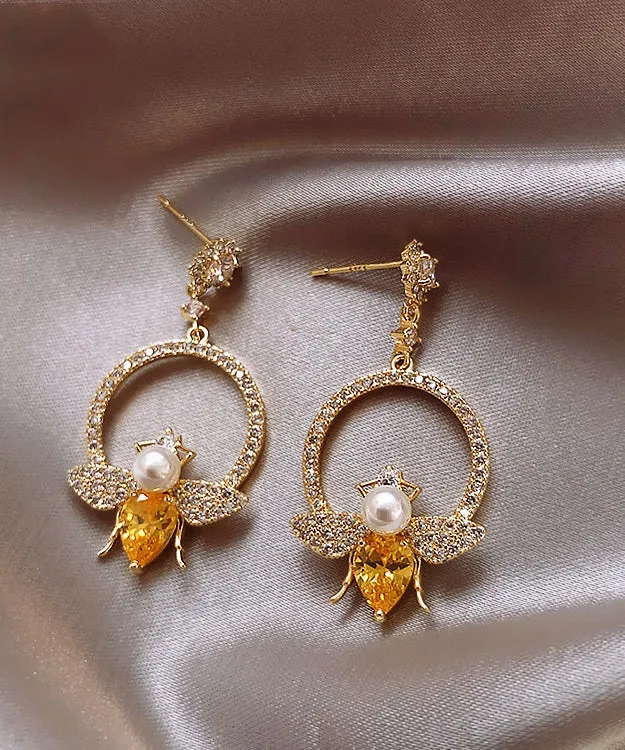 Chic Yellow Alloy Crystal Zircon Bee Hoop Earrings