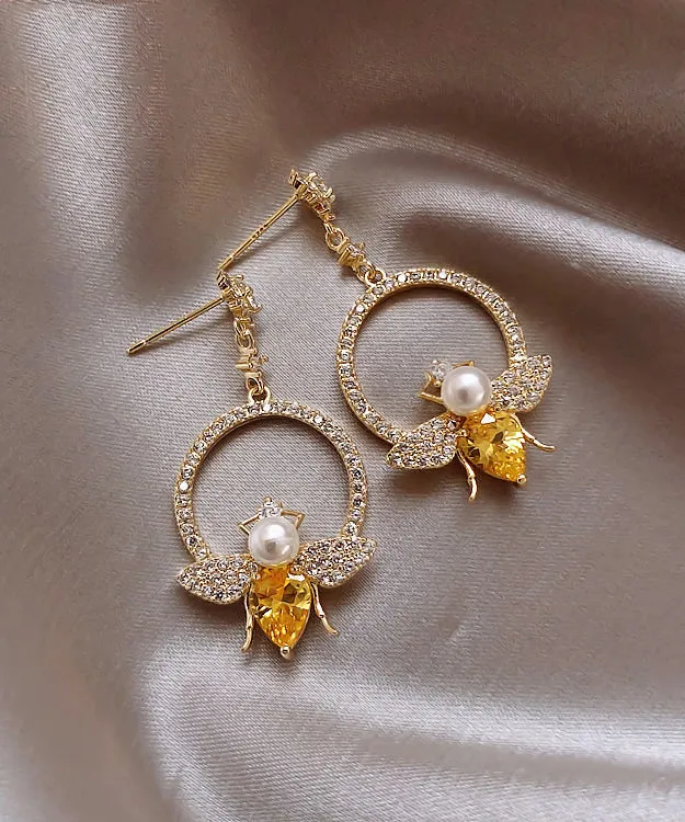 Chic Yellow Alloy Crystal Zircon Bee Hoop Earrings