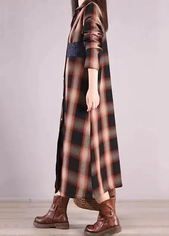 Coffee Plaid Warm Fleece Shirts Dresses Peter Pan Collar Button Fall ML0555