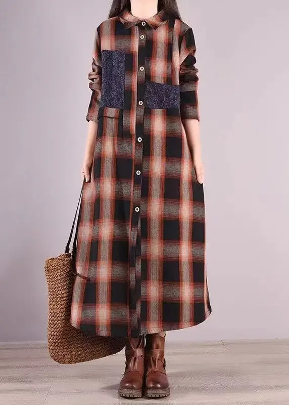 Coffee Plaid Warm Fleece Shirts Dresses Peter Pan Collar Button Fall ML0555