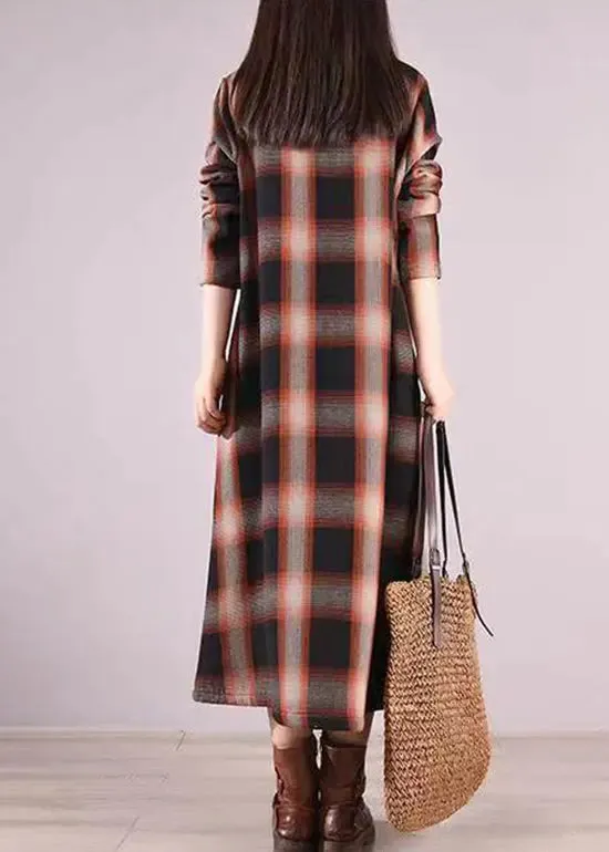 Coffee Plaid Warm Fleece Shirts Dresses Peter Pan Collar Button Fall ML0555