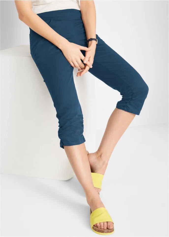 Cotton capris with a comfortable belt and ruffles Bpc Bonprix Collection, blue