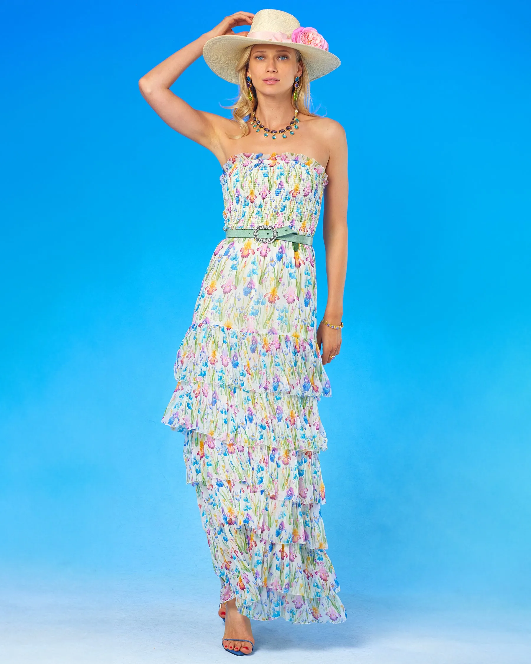 Daphne Cascade Ruffle Chiffon Maxi Dress in Iris Elysian Meadow