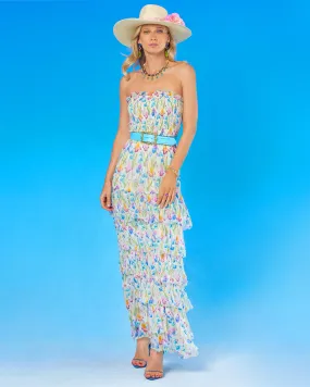 Daphne Cascade Ruffle Chiffon Maxi Dress in Iris Elysian Meadow