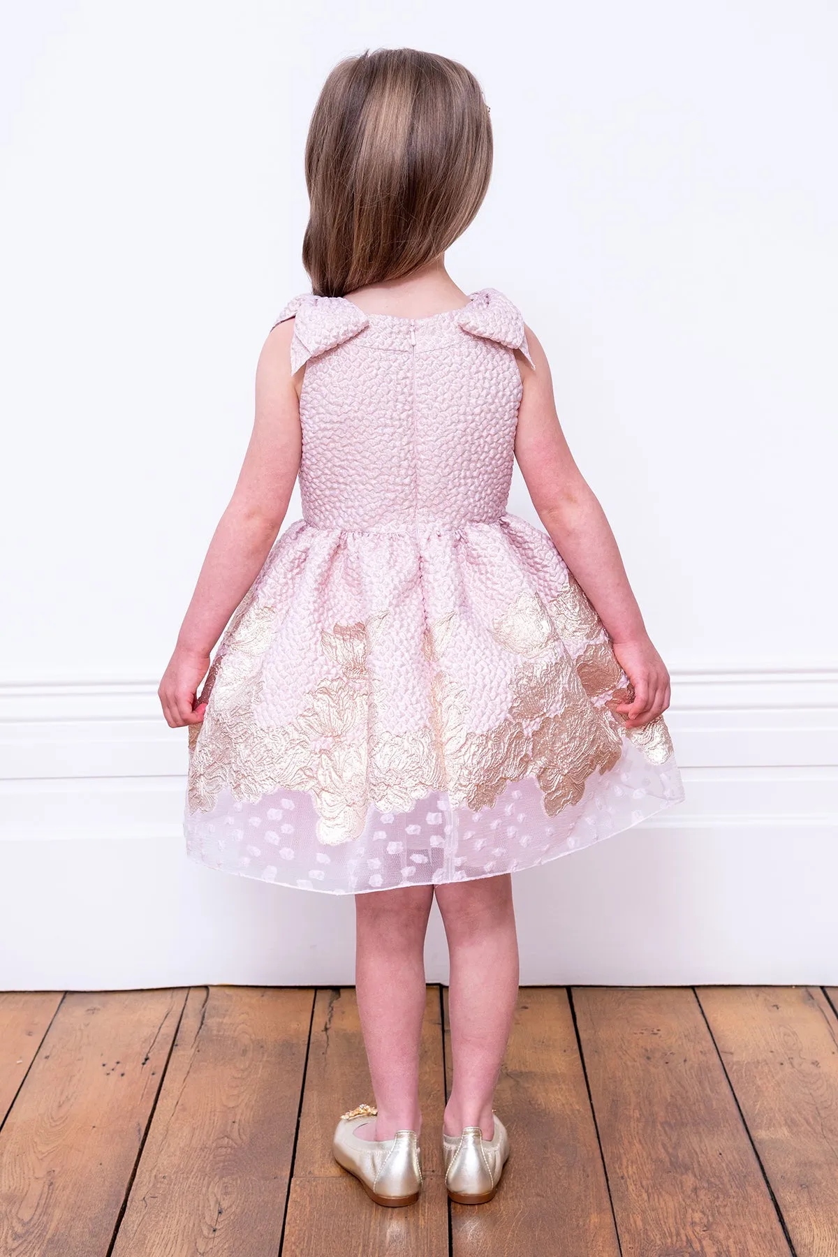 David Charles Pink and Gold Floral Brocade Girls Dress