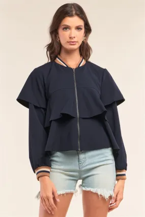 Deep Blue Long Cuffed Sleeve Flare Trim Detail Bomber Jacket /1-2-2