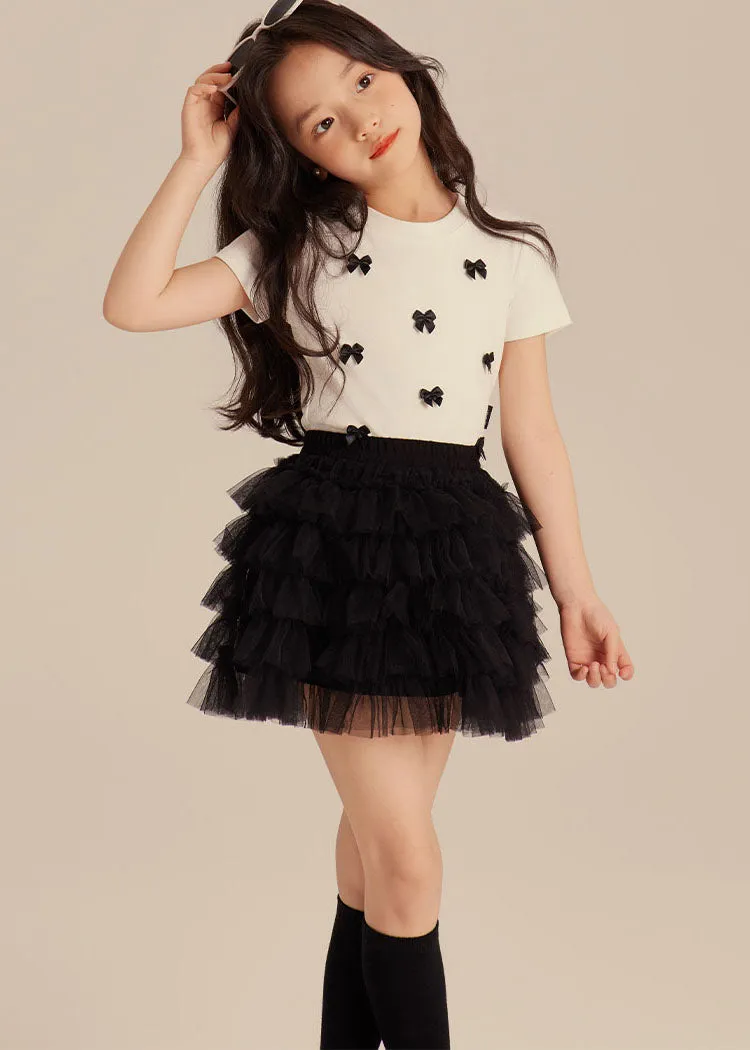 Elegant Black Bow Girls Top And Beach Skirts Two Pieces Set Summer SS1001