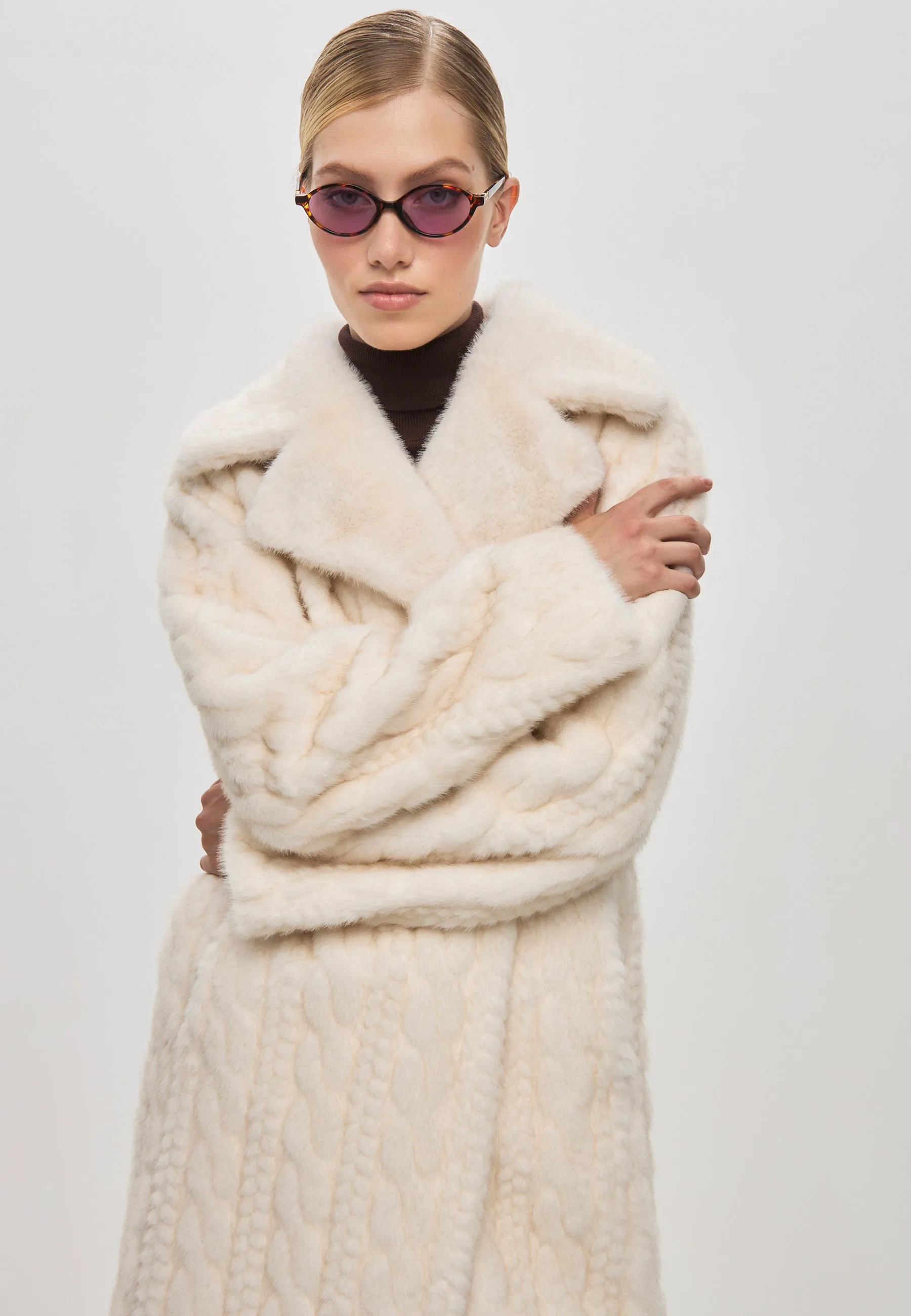 Elegant Cream Cable Knit Faux Fur Coat Hildi