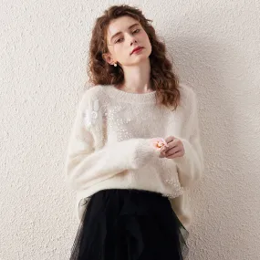 Elegant Mohair Embroidered Floral Sweater