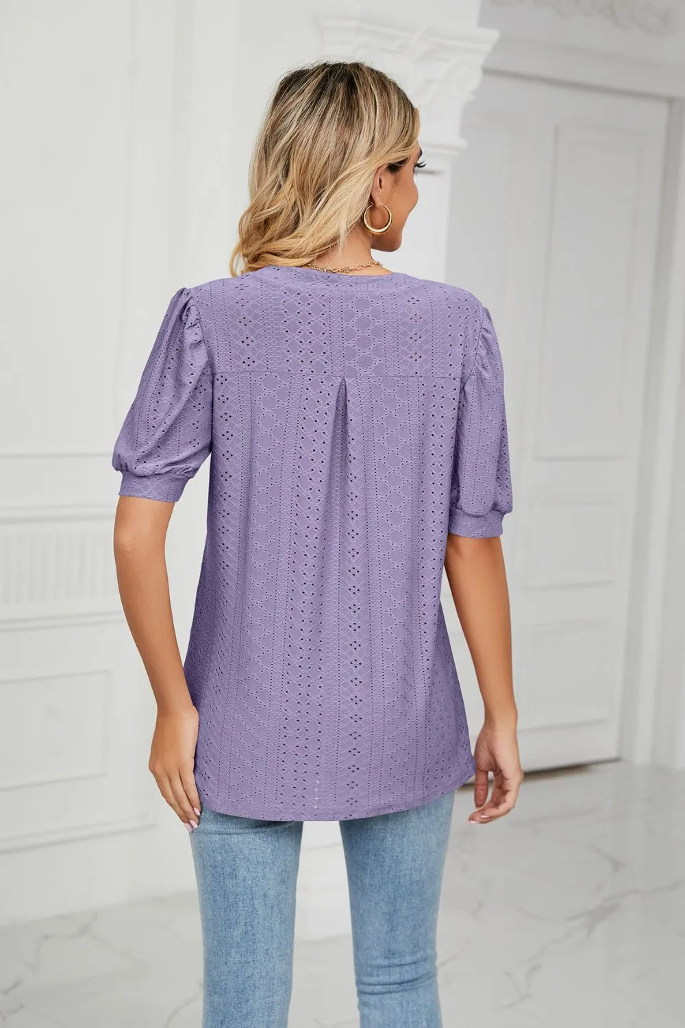 Eyelet Short Puff Sleeve Notched Neck Top