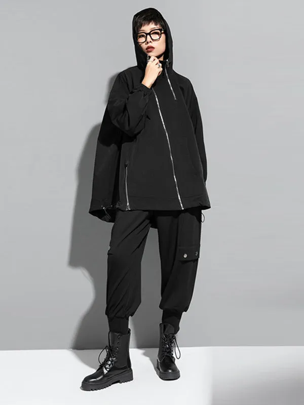 Fashion Irregularity Loose Solid Color Zipper Hooded Outerwear