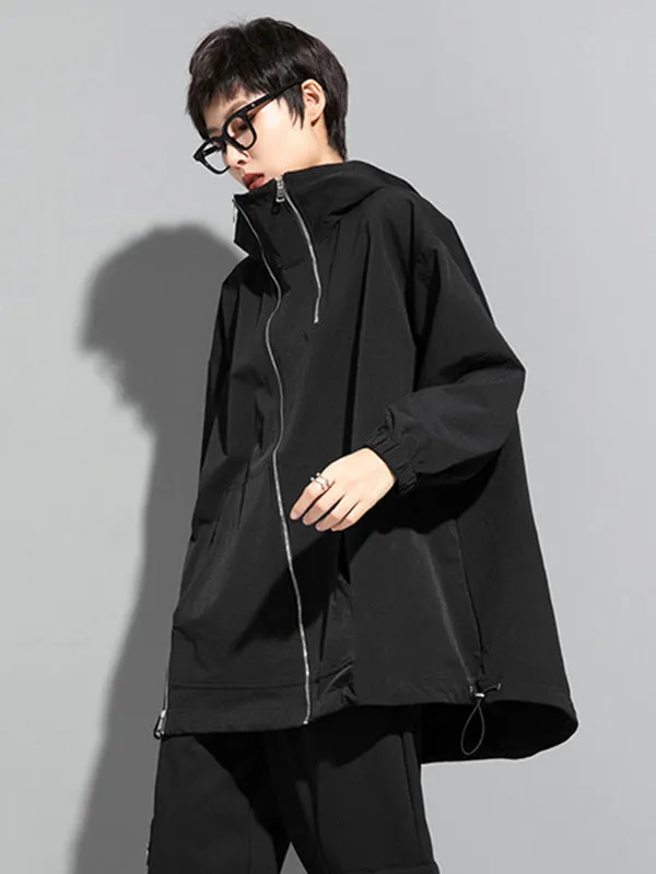 Fashion Irregularity Loose Solid Color Zipper Hooded Outerwear