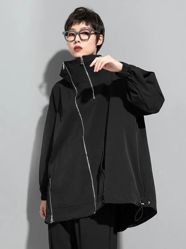 Fashion Irregularity Loose Solid Color Zipper Hooded Outerwear