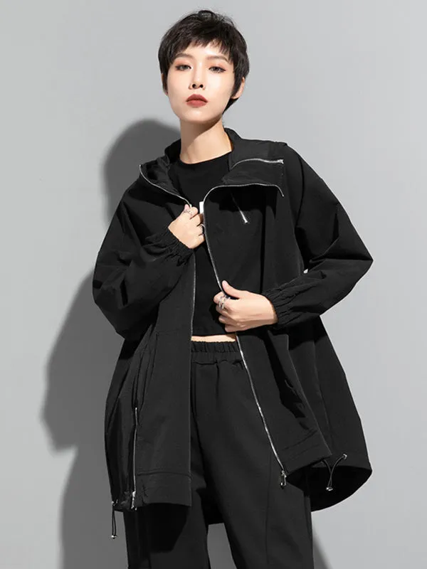 Fashion Irregularity Loose Solid Color Zipper Hooded Outerwear