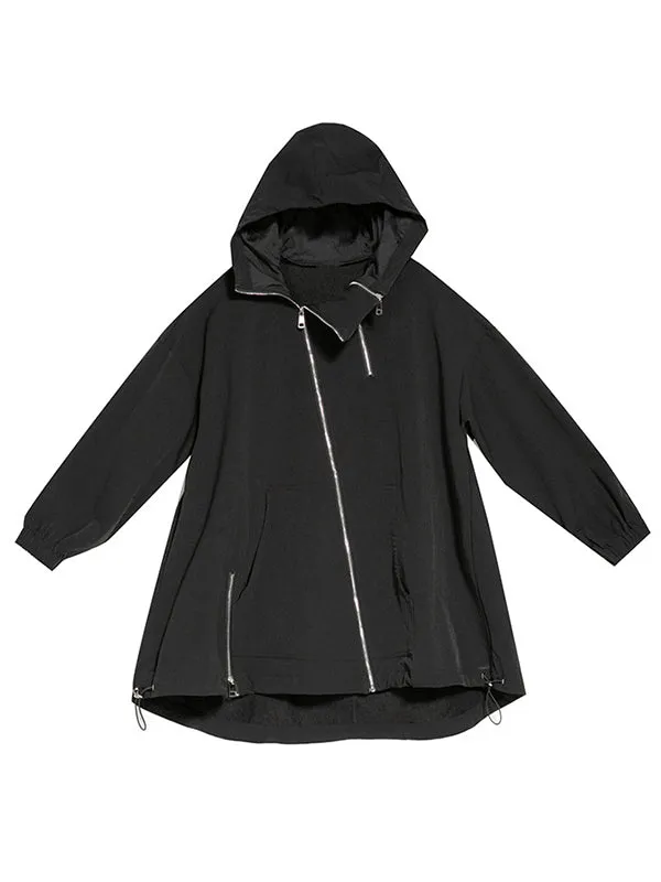 Fashion Irregularity Loose Solid Color Zipper Hooded Outerwear