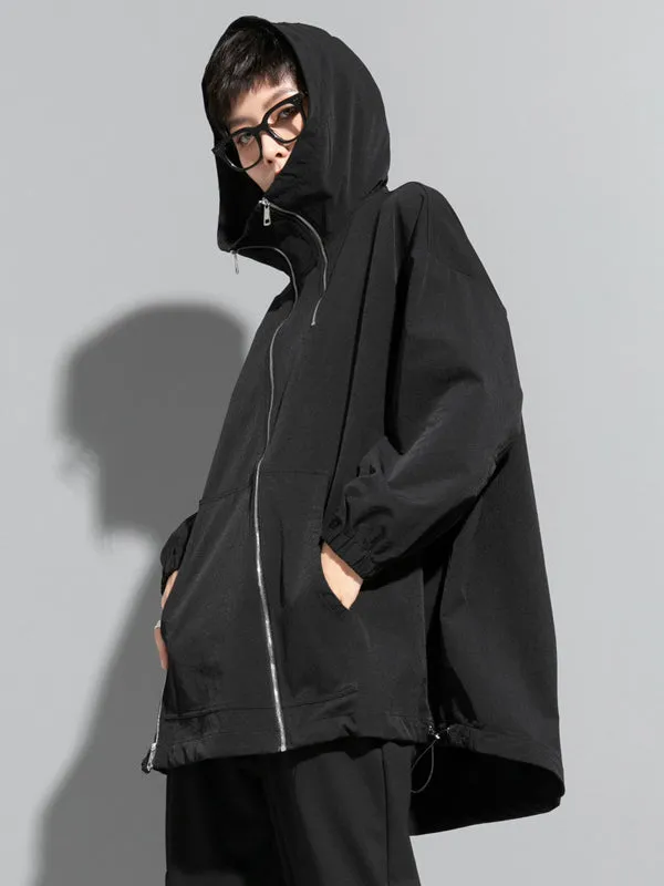 Fashion Irregularity Loose Solid Color Zipper Hooded Outerwear