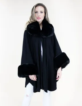 Faux Fur Neck and Sleeve Cape - Black