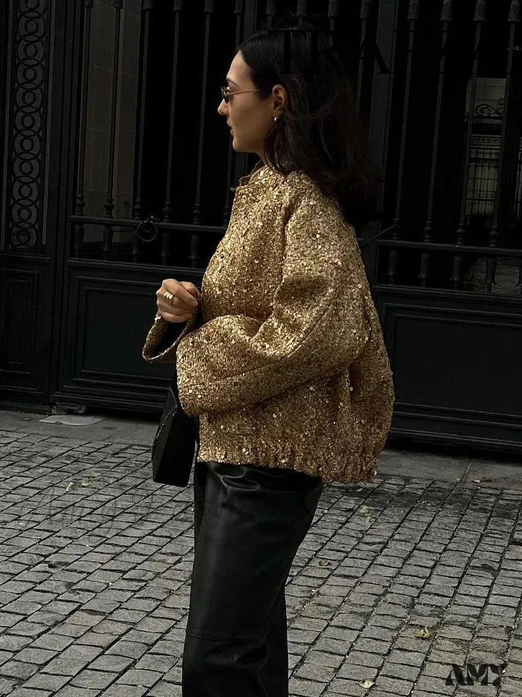 Gold Sequin Decoration Loose Short New Fashion Versatile Warm Chic Elegant Coat