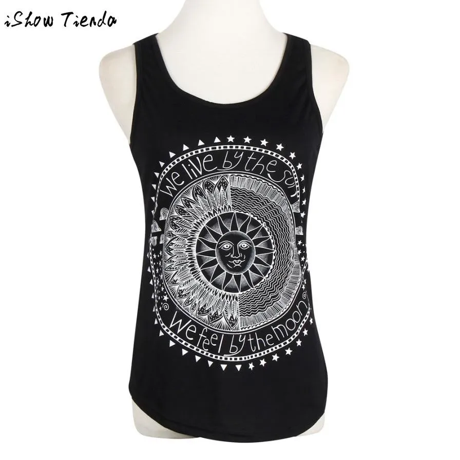 Harajuku Tops Stylish Sun Letter Circle Printed Tank Top Women Casual Cotton.