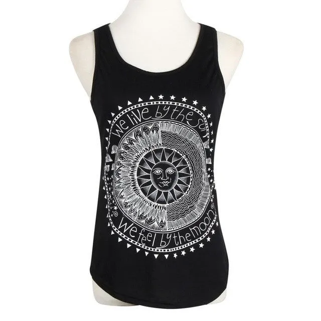 Harajuku Tops Stylish Sun Letter Circle Printed Tank Top Women Casual Cotton.