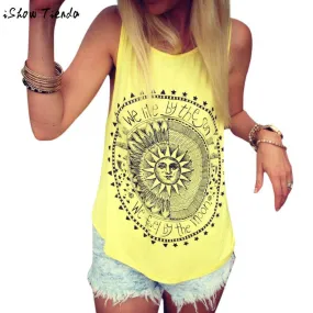 Harajuku Tops Stylish Sun Letter Circle Printed Tank Top Women Casual Cotton.