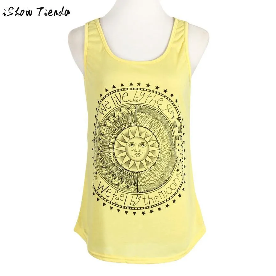 Harajuku Tops Stylish Sun Letter Circle Printed Tank Top Women Casual Cotton.