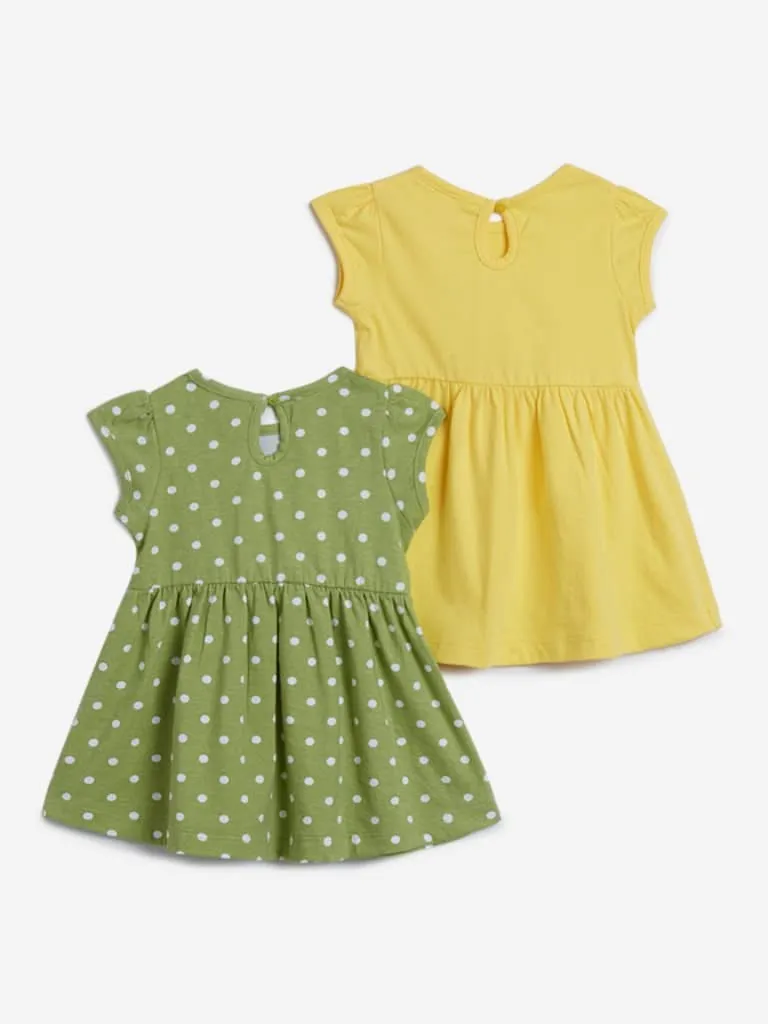 HOP Baby Yellow & Olive Print Dress Set of Two