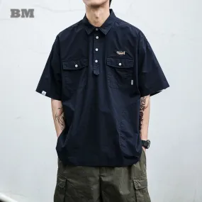 Japanese Streetwear Cargo Shirts with Korean Lapels and Short Sleeves